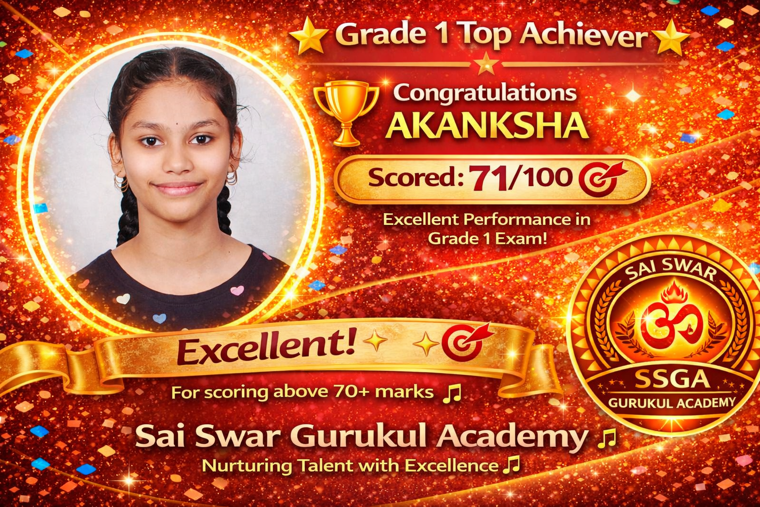 Akanksha — 71/100, Grade 1 achievement