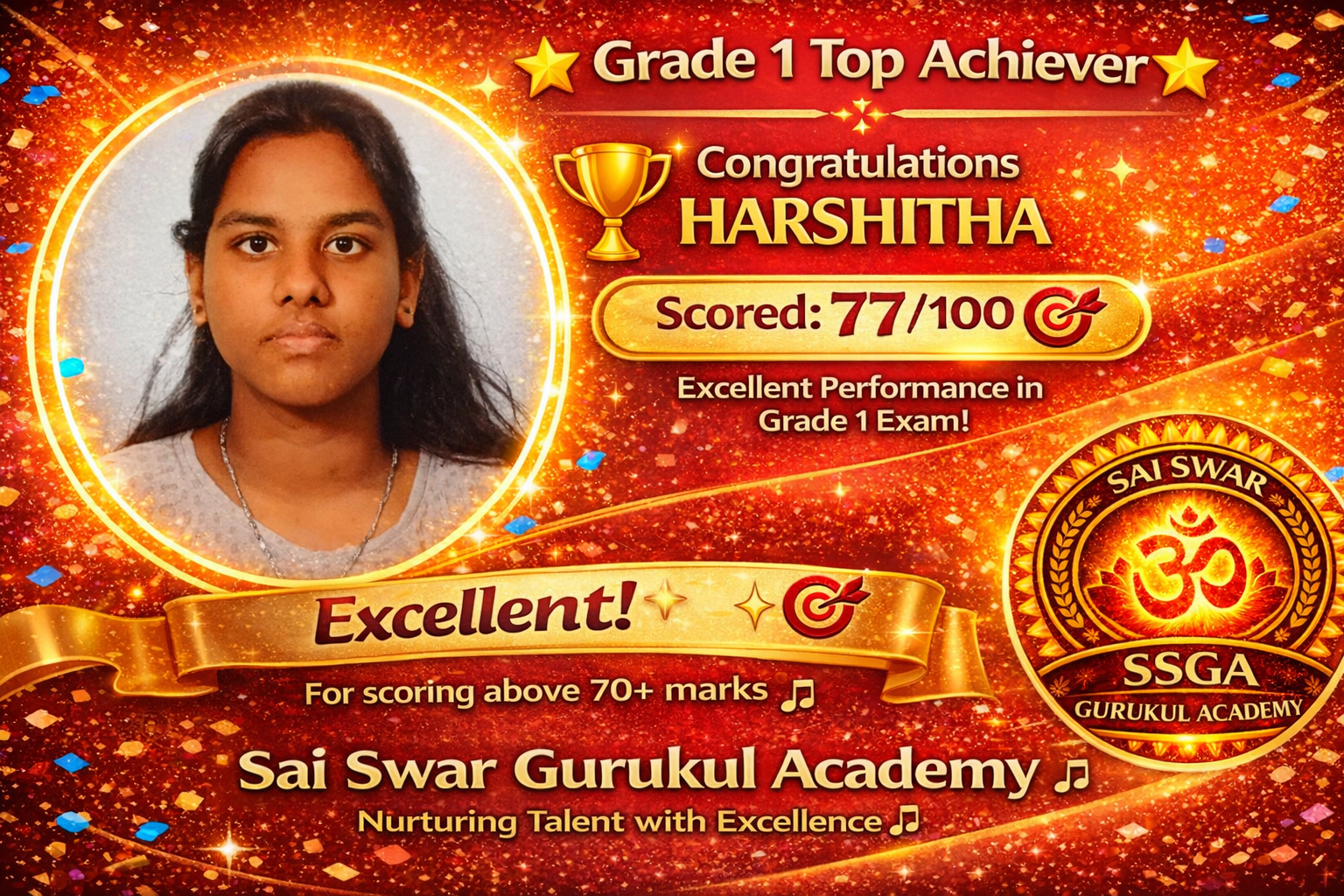 Harshitha — 77/100, Grade 1 achievement