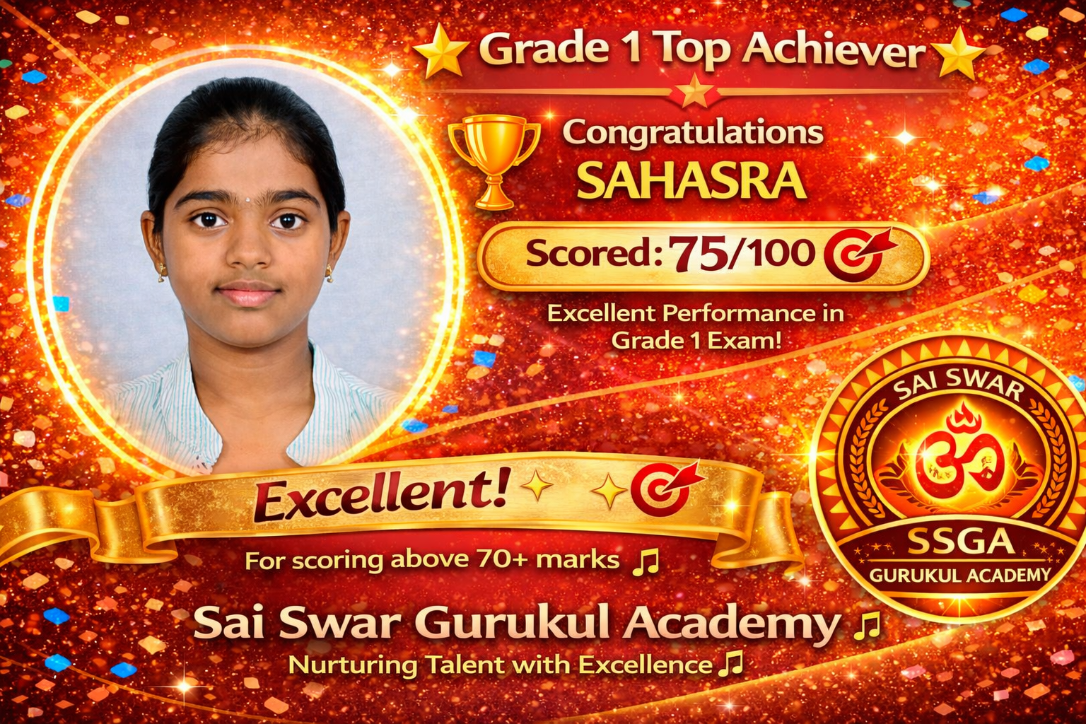 Sahasra — 75/100, Grade 1 achievement