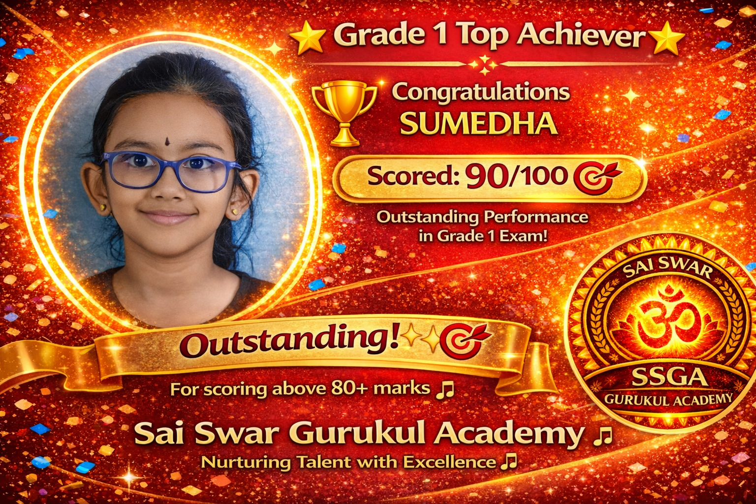 Sumedha — 90/100, Grade 1 achievement